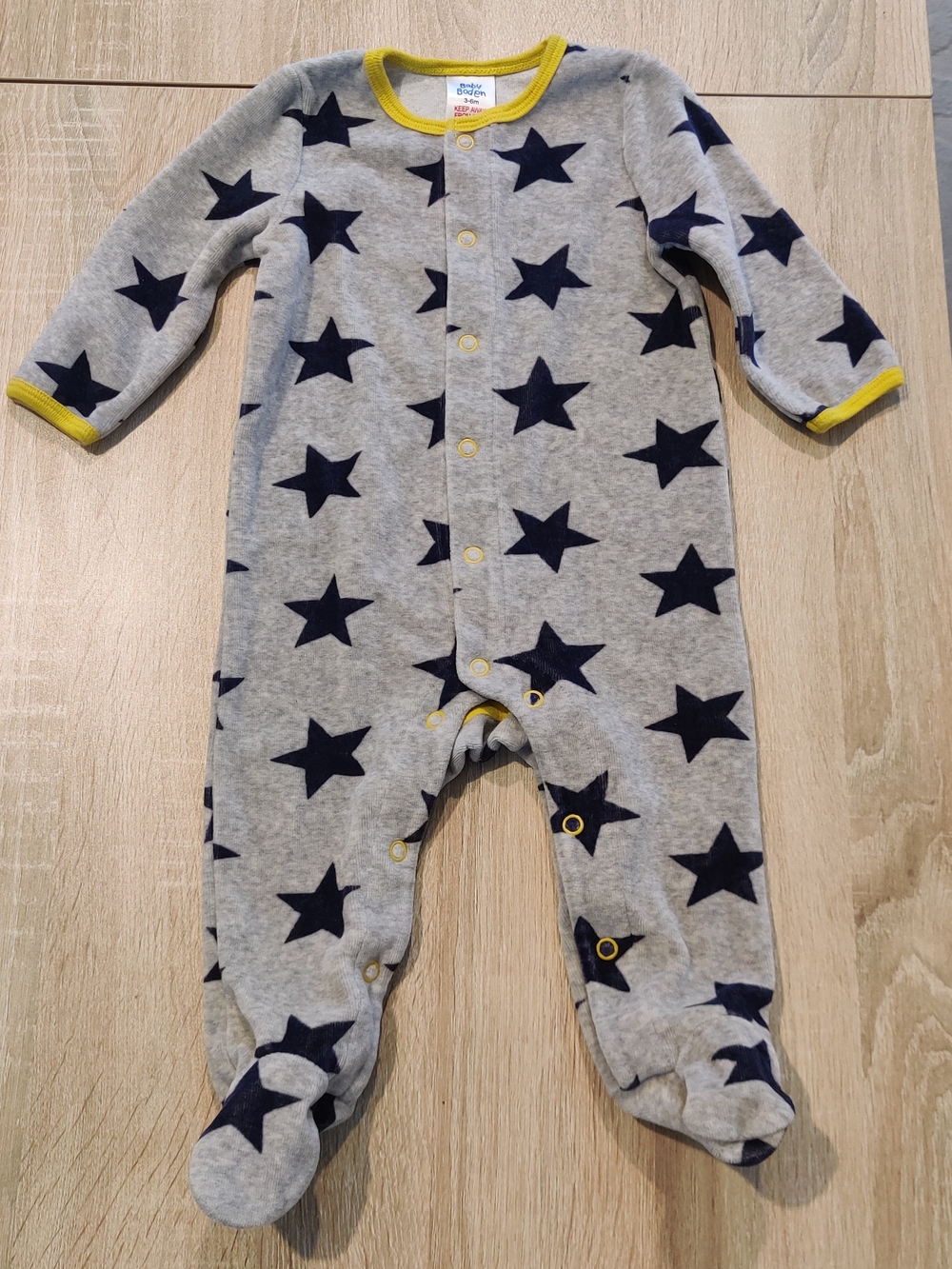 Mini Boden Gray Footed One-Piece with Navy Stars and Yellow Trim Size 3-6mo